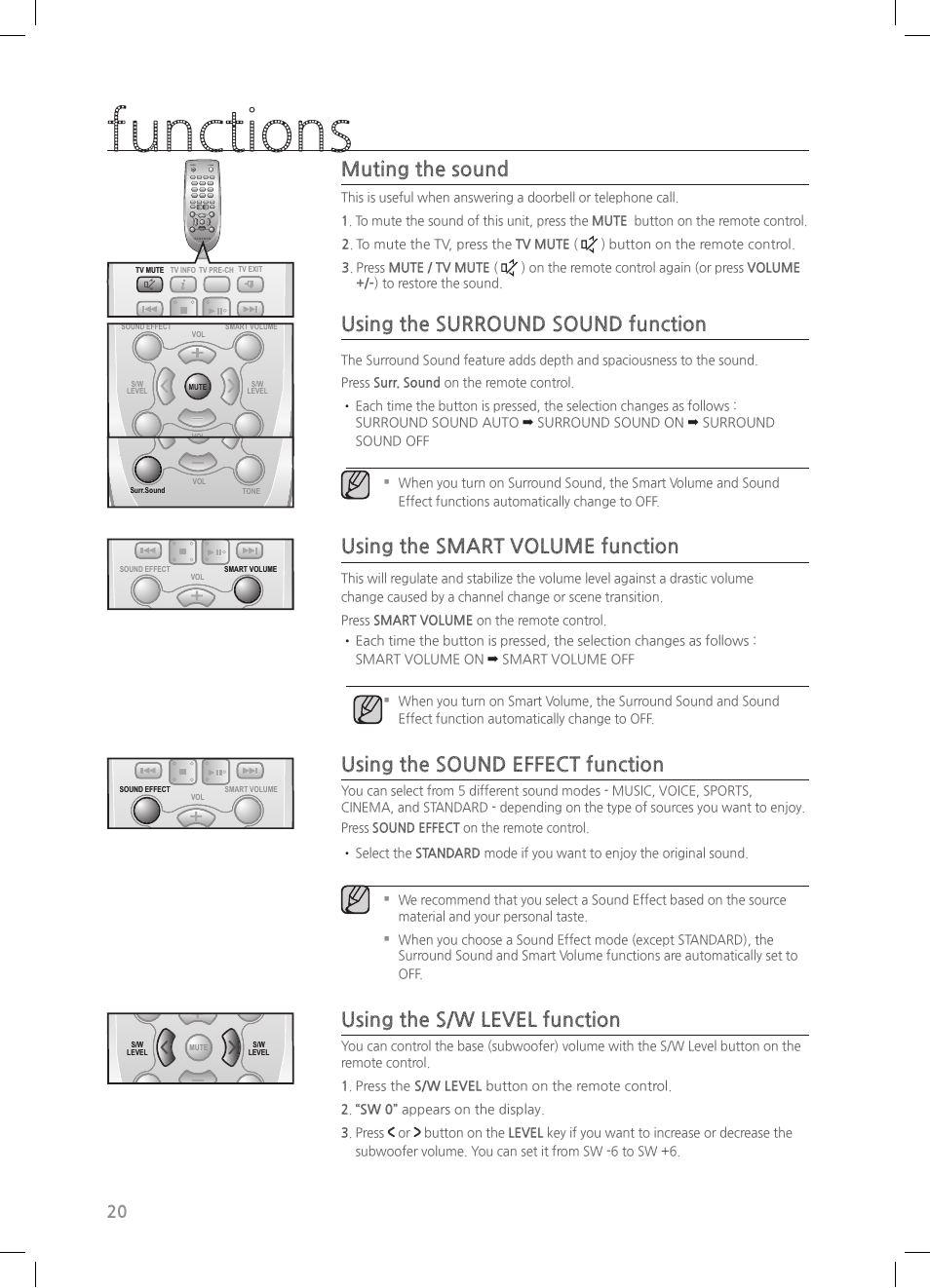 Functions, Muting the sound, Using the surround sound function | Using the smart volume function, Using the sound effect function, Using the s/w level function, Power tv power | Samsung HW-H550-ZA User Manual | Page 20 / 26