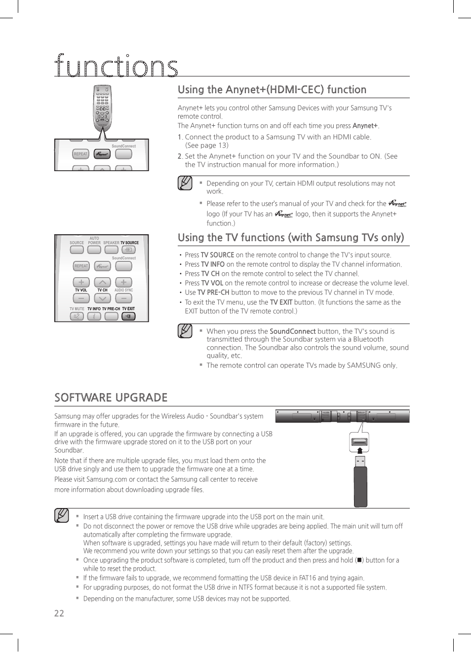 Software upgrade, Functions, Using the anynet+(hdmi-cec) function | Using the tv functions (with samsung tvs only) | Samsung HW-H550-ZA User Manual | Page 22 / 26