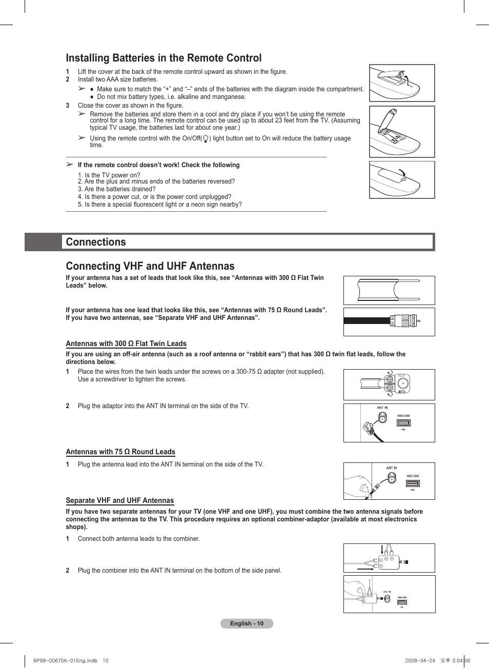 Installing batteries in the remote control, Connections connecting vhf and uhf antennas | Samsung HL72A650C1FXZA User Manual | Page 10 / 195