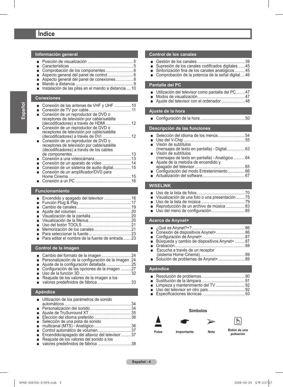 Índice | Samsung HL72A650C1FXZA User Manual | Page 105 / 195