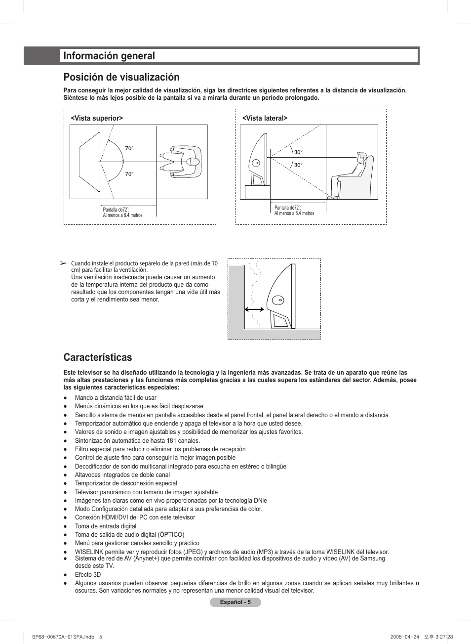 Información general posición de visualización, Características | Samsung HL72A650C1FXZA User Manual | Page 106 / 195