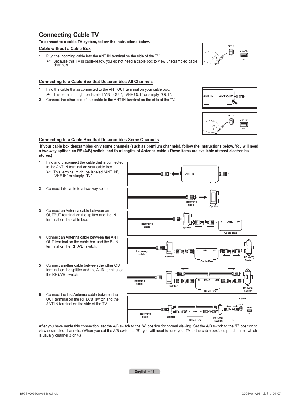Connecting cable tv | Samsung HL72A650C1FXZA User Manual | Page 11 / 195