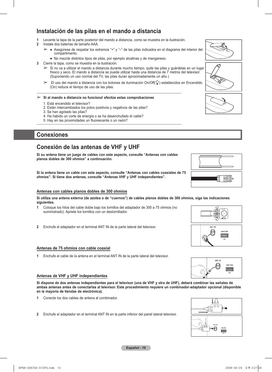 Instalación de las pilas en el mando a distancia, Conexiones conexión de las antenas de vhf y uhf | Samsung HL72A650C1FXZA User Manual | Page 111 / 195