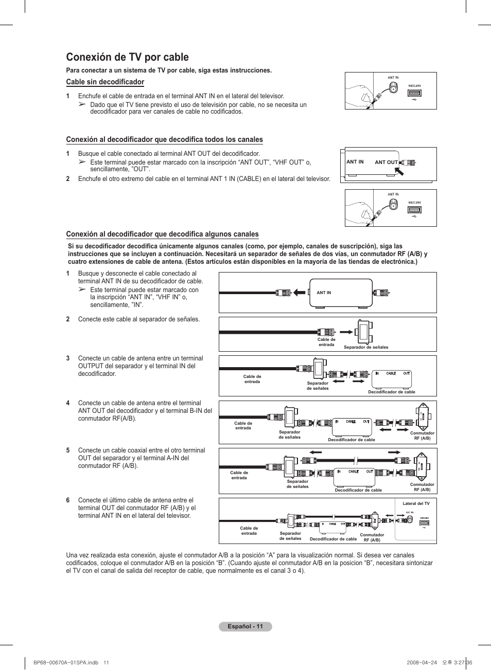 Conexión de tv por cable | Samsung HL72A650C1FXZA User Manual | Page 112 / 195