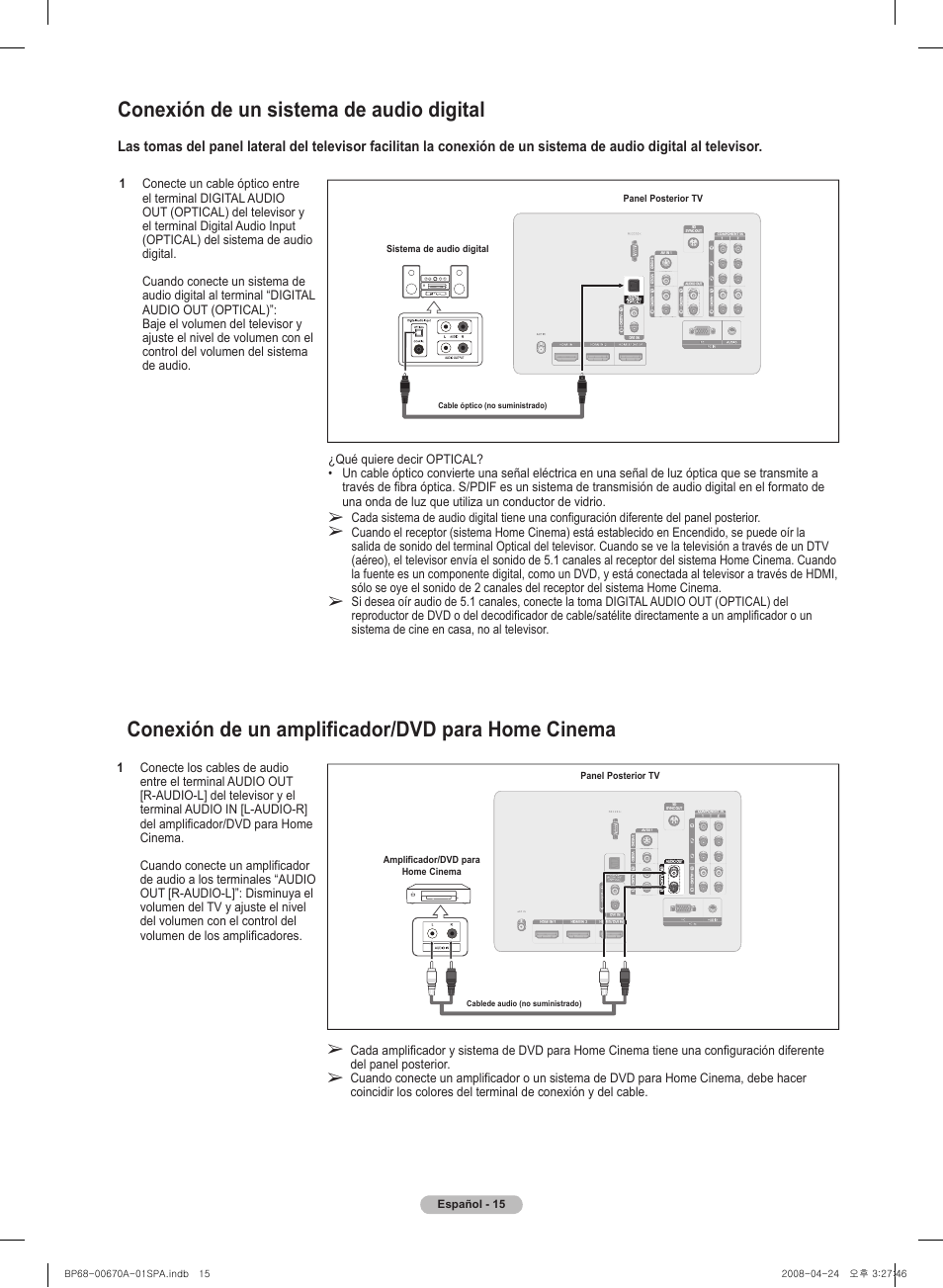 Conexión de un amplificador/dvd para home cinema, Conexión de un sistema de audio digital | Samsung HL72A650C1FXZA User Manual | Page 116 / 195