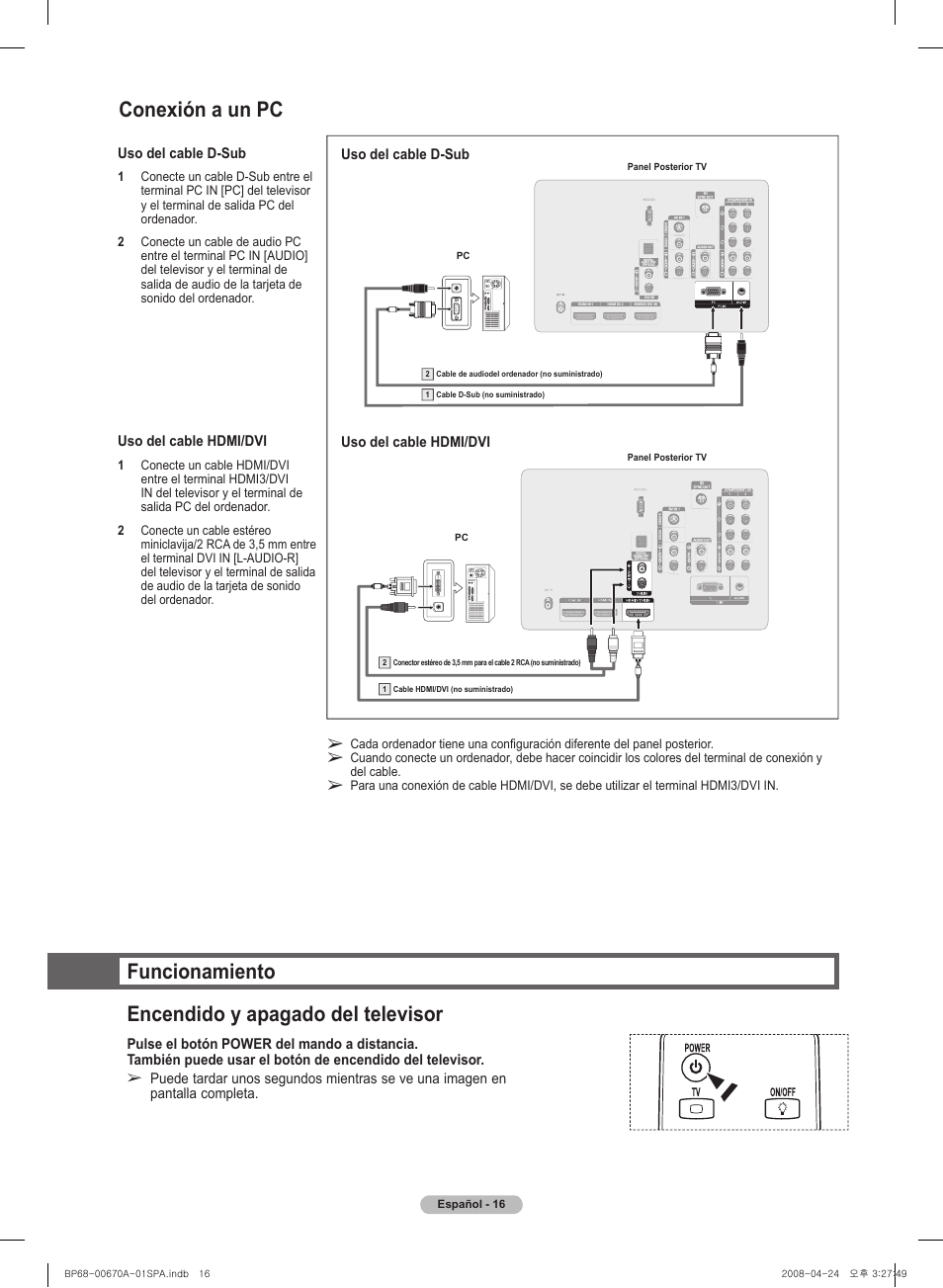 Funcionamiento encendido y apagado del televisor, Conexión a un pc | Samsung HL72A650C1FXZA User Manual | Page 117 / 195