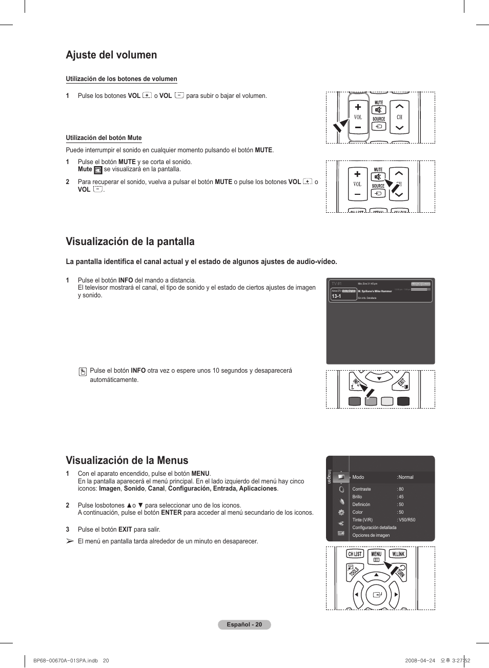 Ajuste del volumen, Visualización de la menus, Visualización de la pantalla | Samsung HL72A650C1FXZA User Manual | Page 121 / 195