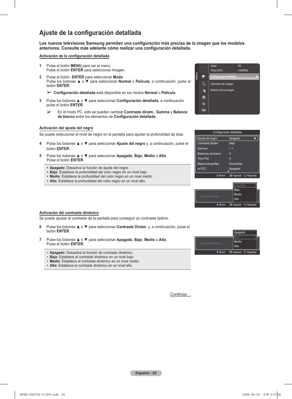 Ajuste de la configuración detallada | Samsung HL72A650C1FXZA User Manual | Page 126 / 195