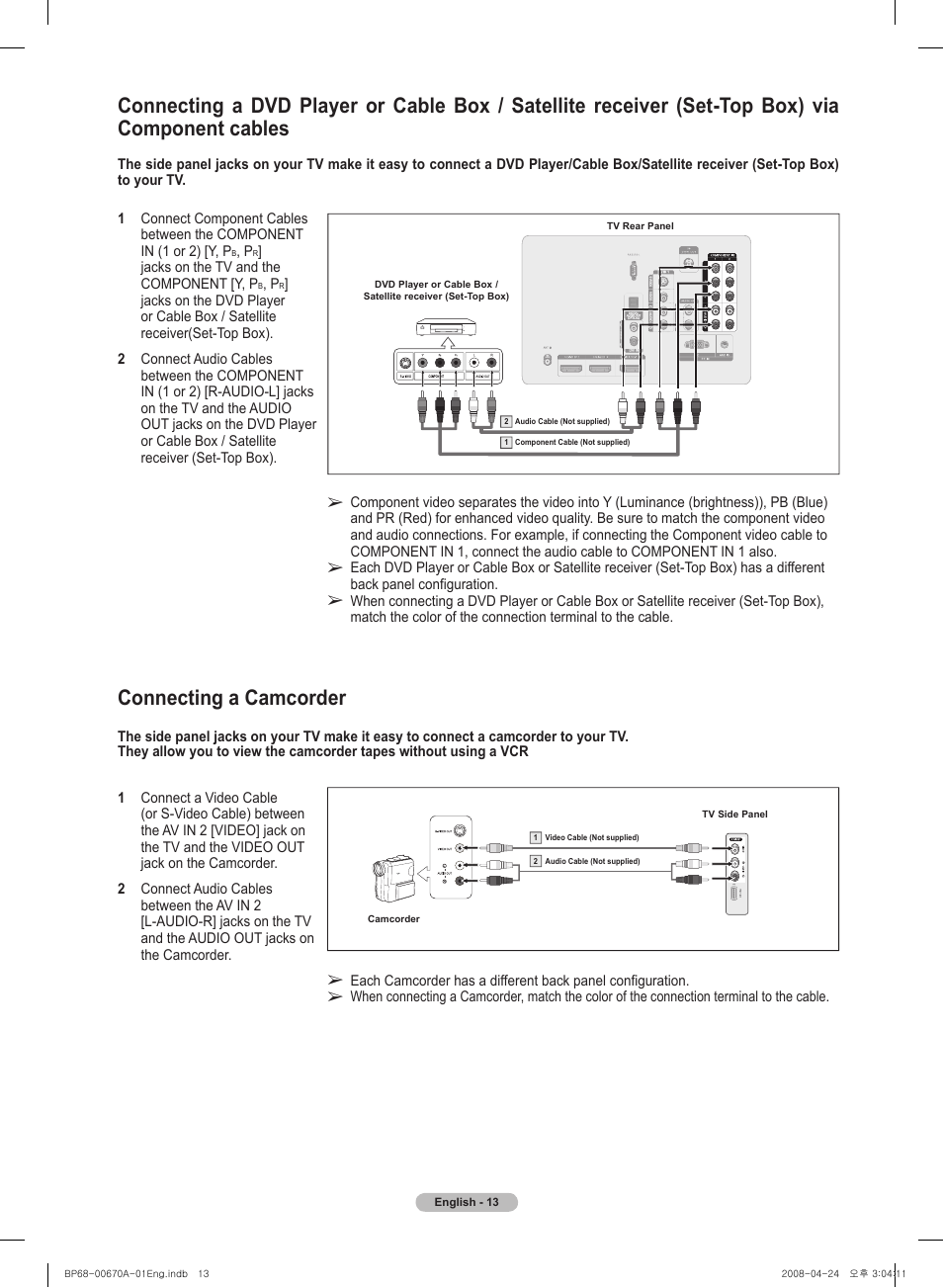 Connecting a camcorder | Samsung HL72A650C1FXZA User Manual | Page 13 / 195