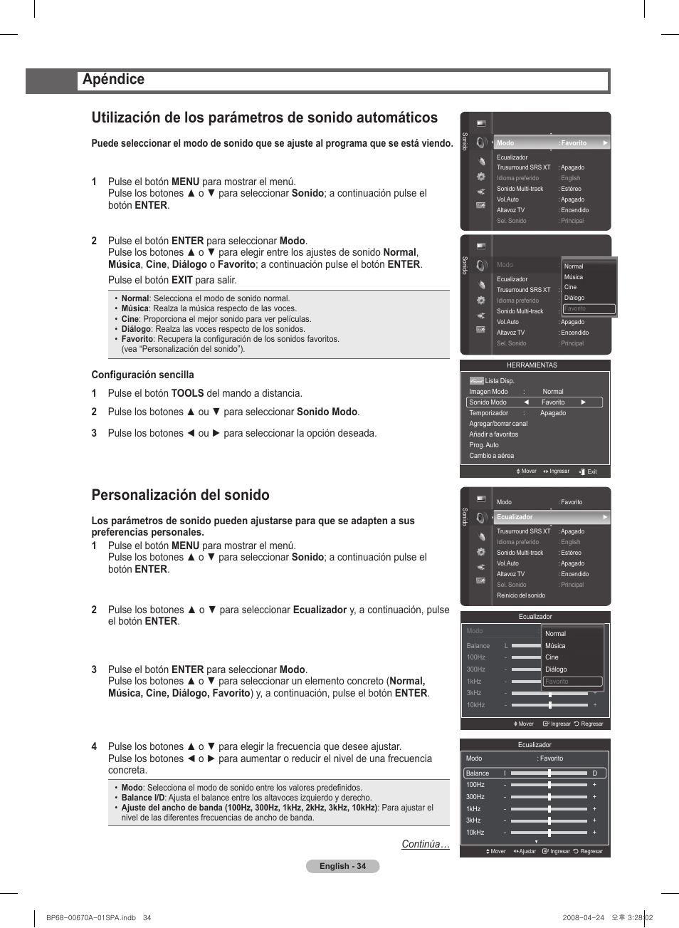 Personalización del sonido, Apéndice, Continúa | Samsung HL72A650C1FXZA User Manual | Page 135 / 195