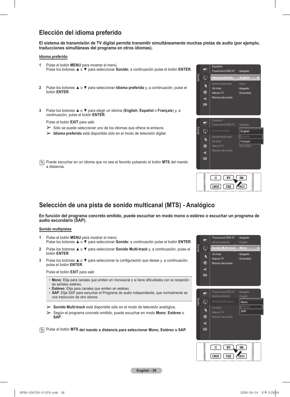 Elección del idioma preferido | Samsung HL72A650C1FXZA User Manual | Page 137 / 195
