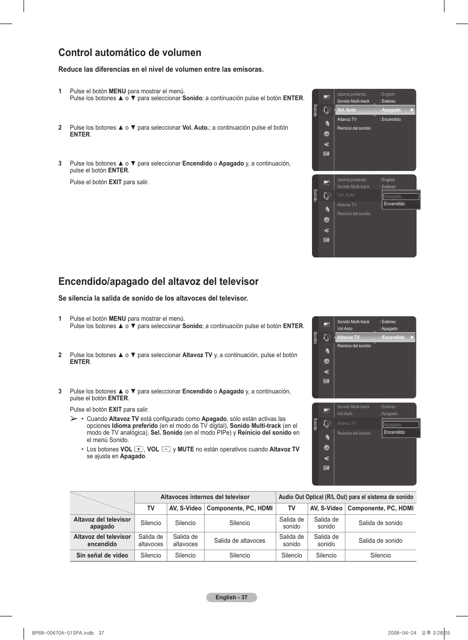 Control automático de volumen, Encendido/apagado del altavoz del televisor | Samsung HL72A650C1FXZA User Manual | Page 138 / 195