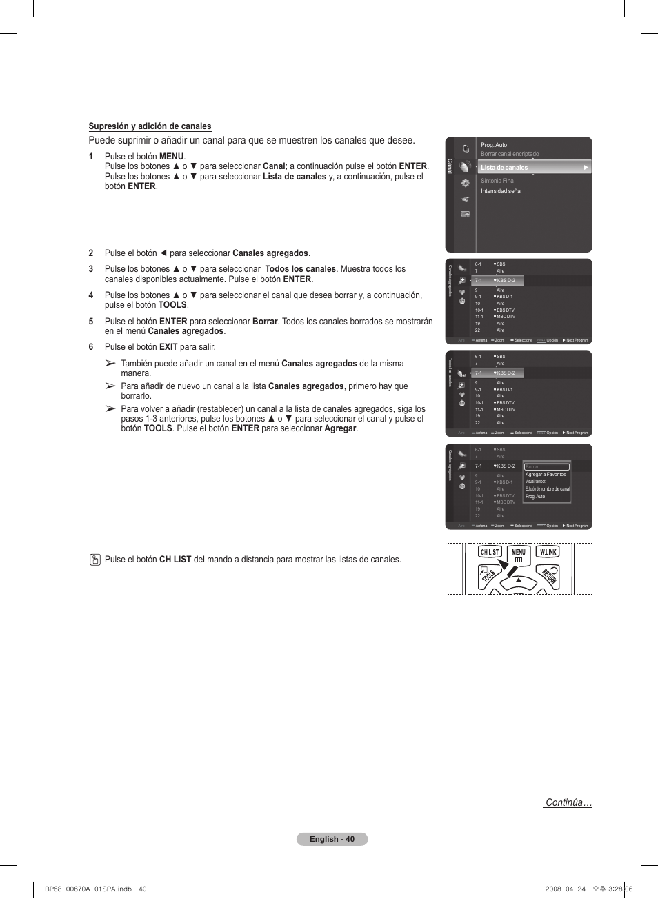 Continúa, Supresión y adición de canales, English - 40 | Samsung HL72A650C1FXZA User Manual | Page 141 / 195