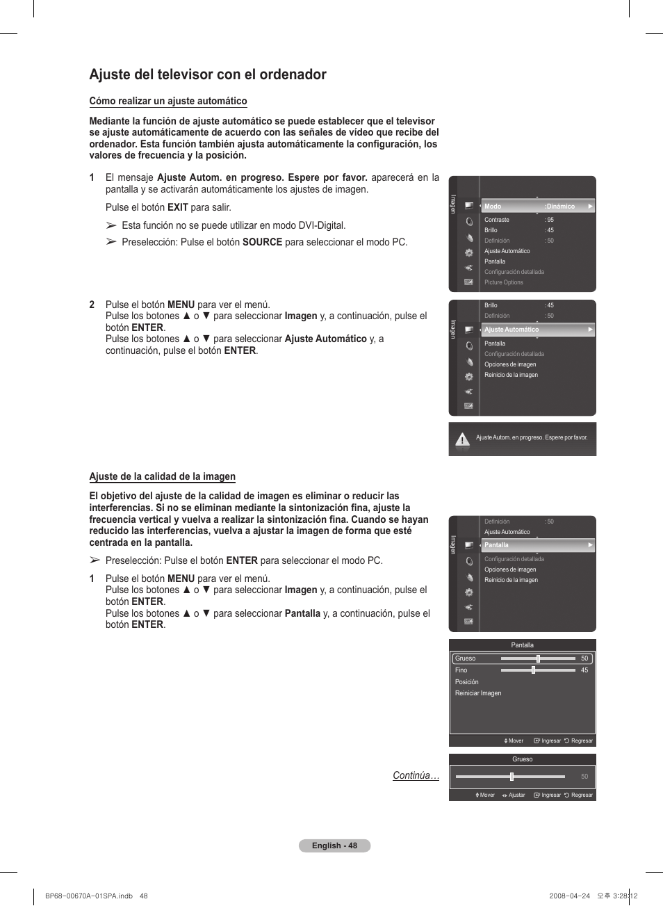 Ajuste del televisor con el ordenador | Samsung HL72A650C1FXZA User Manual | Page 149 / 195