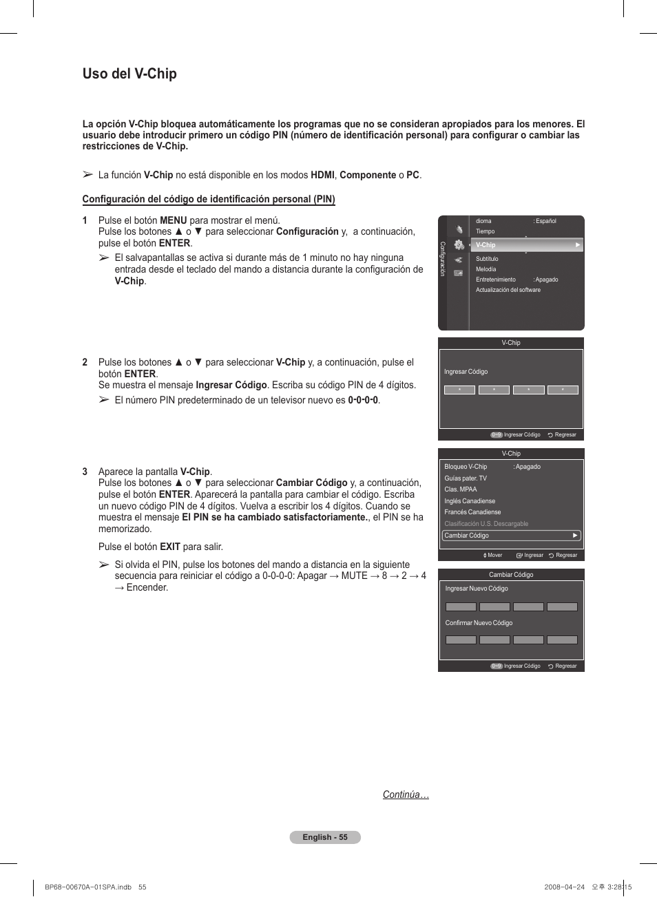 Uso del v-chip | Samsung HL72A650C1FXZA User Manual | Page 156 / 195