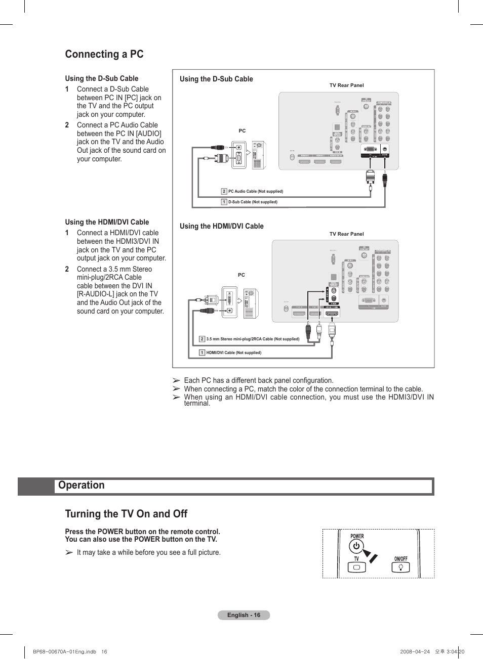 Operation turning the tv on and off, Connecting a pc | Samsung HL72A650C1FXZA User Manual | Page 16 / 195