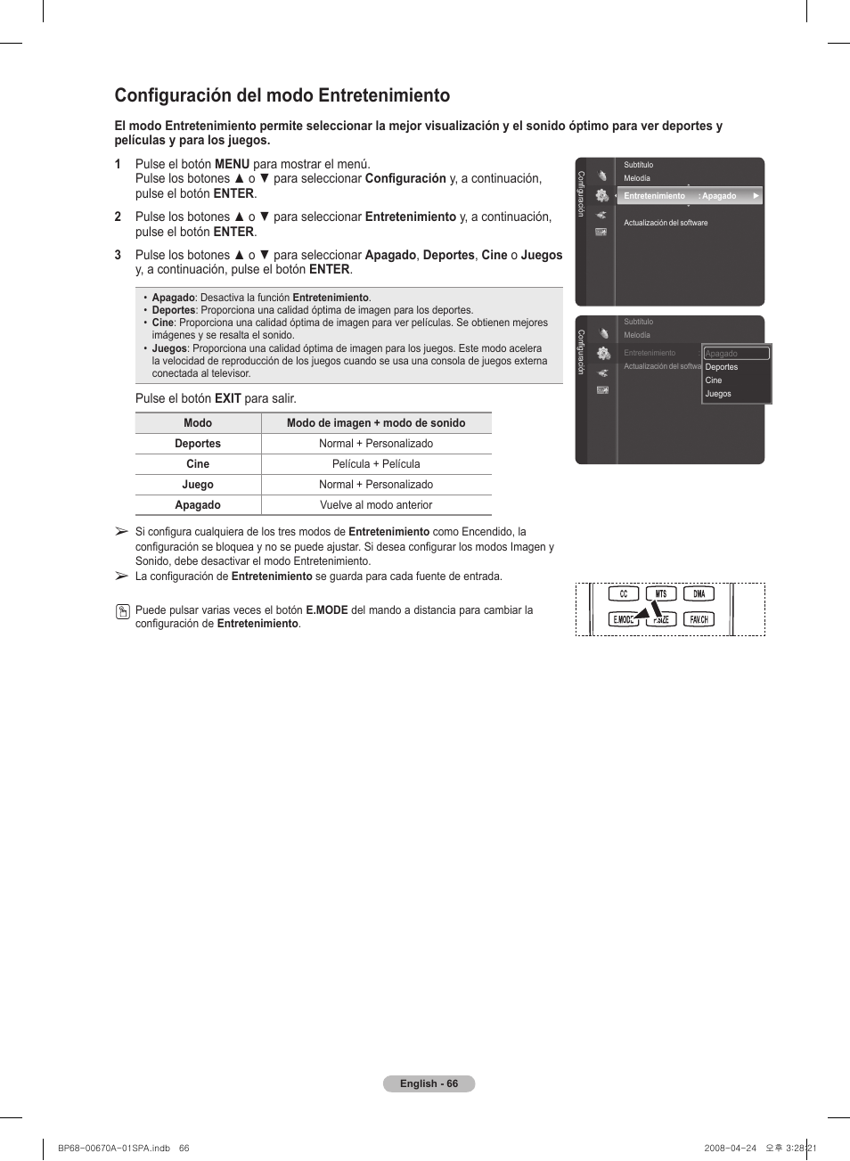 Configuración del modo entretenimiento | Samsung HL72A650C1FXZA User Manual | Page 167 / 195