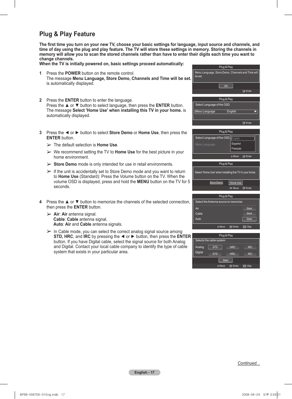 Plug & play feature | Samsung HL72A650C1FXZA User Manual | Page 17 / 195