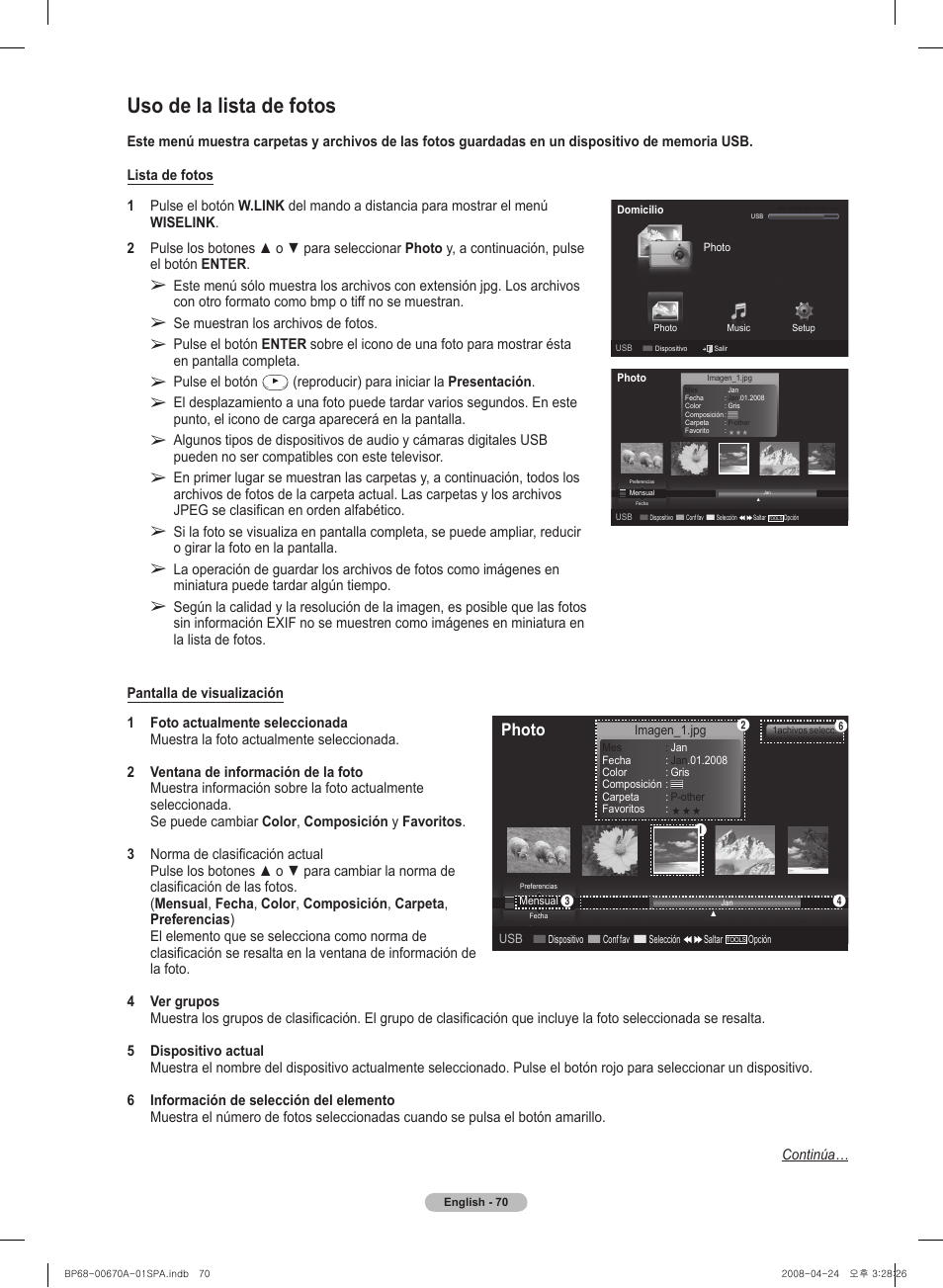 Uso de la lista de fotos, Photo | Samsung HL72A650C1FXZA User Manual | Page 171 / 195