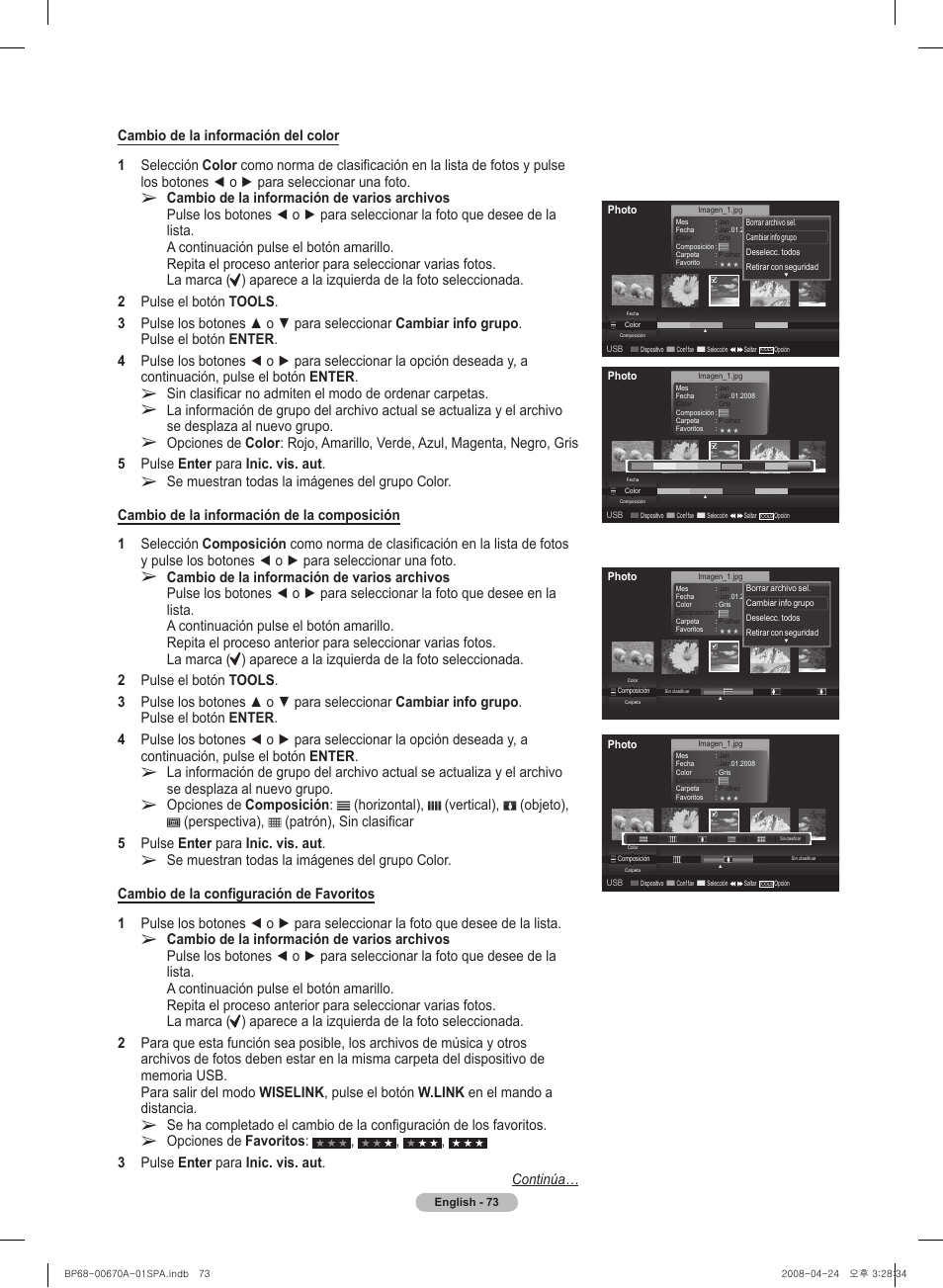 Opciones de favoritos, Se muestran todas la imágenes del grupo color | Samsung HL72A650C1FXZA User Manual | Page 174 / 195