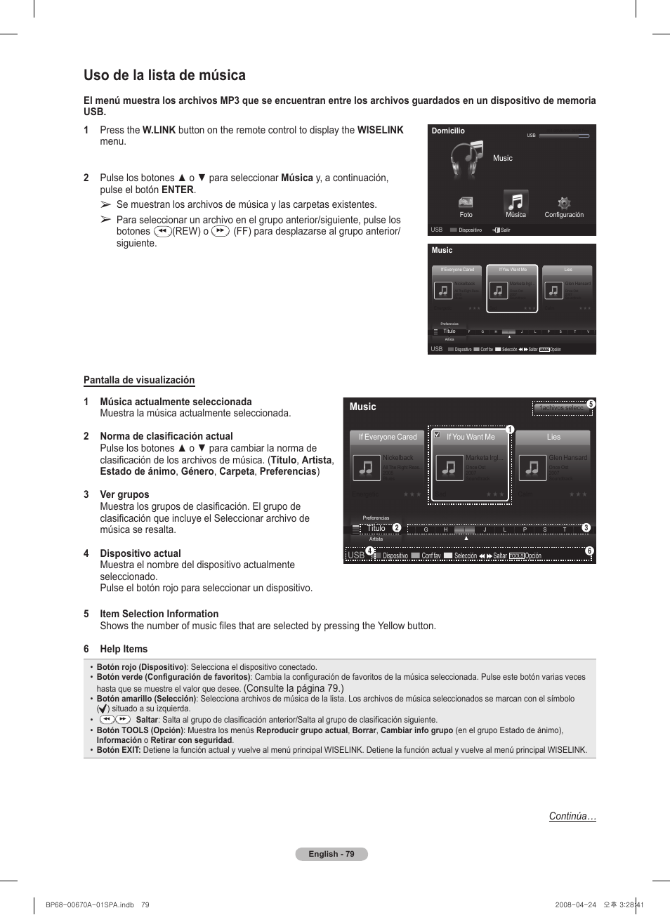 Uso de la lista de música, Rew) o, Consulte la página 79.) | Continúa, Music | Samsung HL72A650C1FXZA User Manual | Page 180 / 195