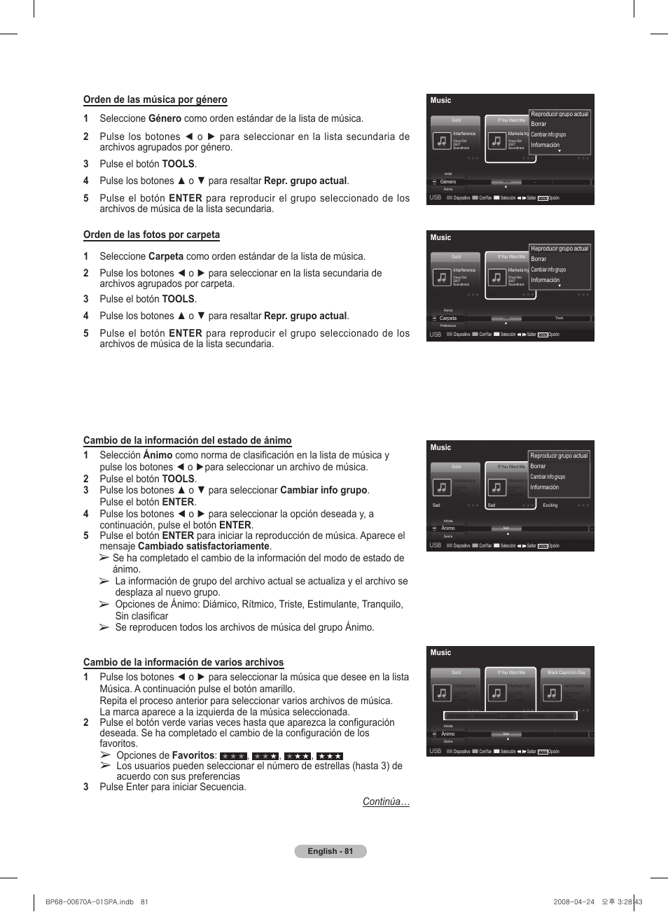 Opciones de favoritos, English - 1, Music | Samsung HL72A650C1FXZA User Manual | Page 182 / 195