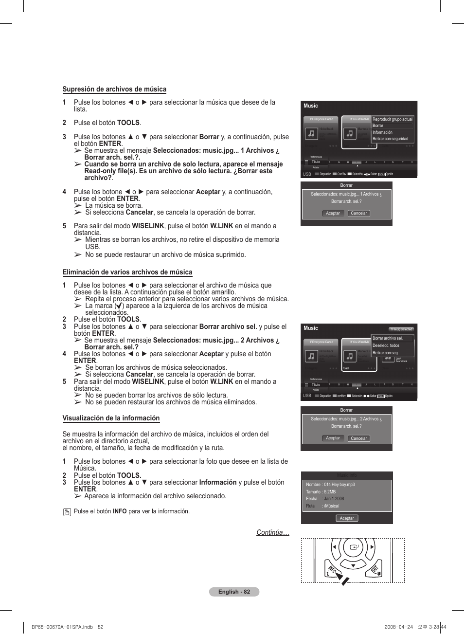 La música se borra, Se borran los archivos de música seleccionados, No se pueden borrar los archivos de sólo lectura | Aparece la información del archivo seleccionado, Continúa, Pulse el botón info para ver la información | Samsung HL72A650C1FXZA User Manual | Page 183 / 195