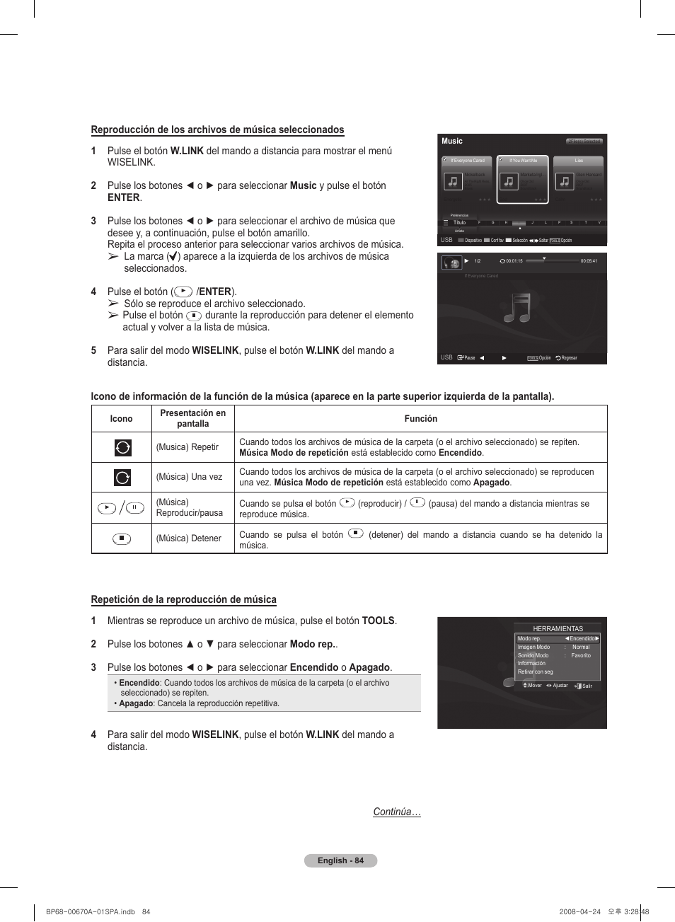 Enter ), Sólo se reproduce el archivo seleccionado, Pulse el botón | Música) reproducir/pausa cuando se pulsa el botón, Reproducir), Música) detener cuando se pulsa el botón | Samsung HL72A650C1FXZA User Manual | Page 185 / 195