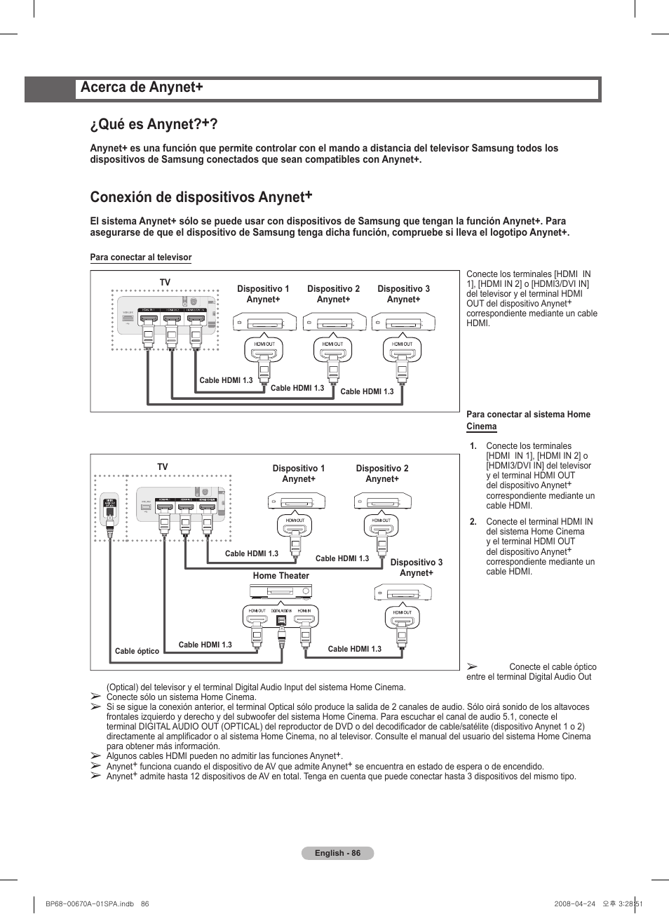 Conexión de dispositivos anynet, Acerca de anynet+ ¿qué es anynet | Samsung HL72A650C1FXZA User Manual | Page 187 / 195