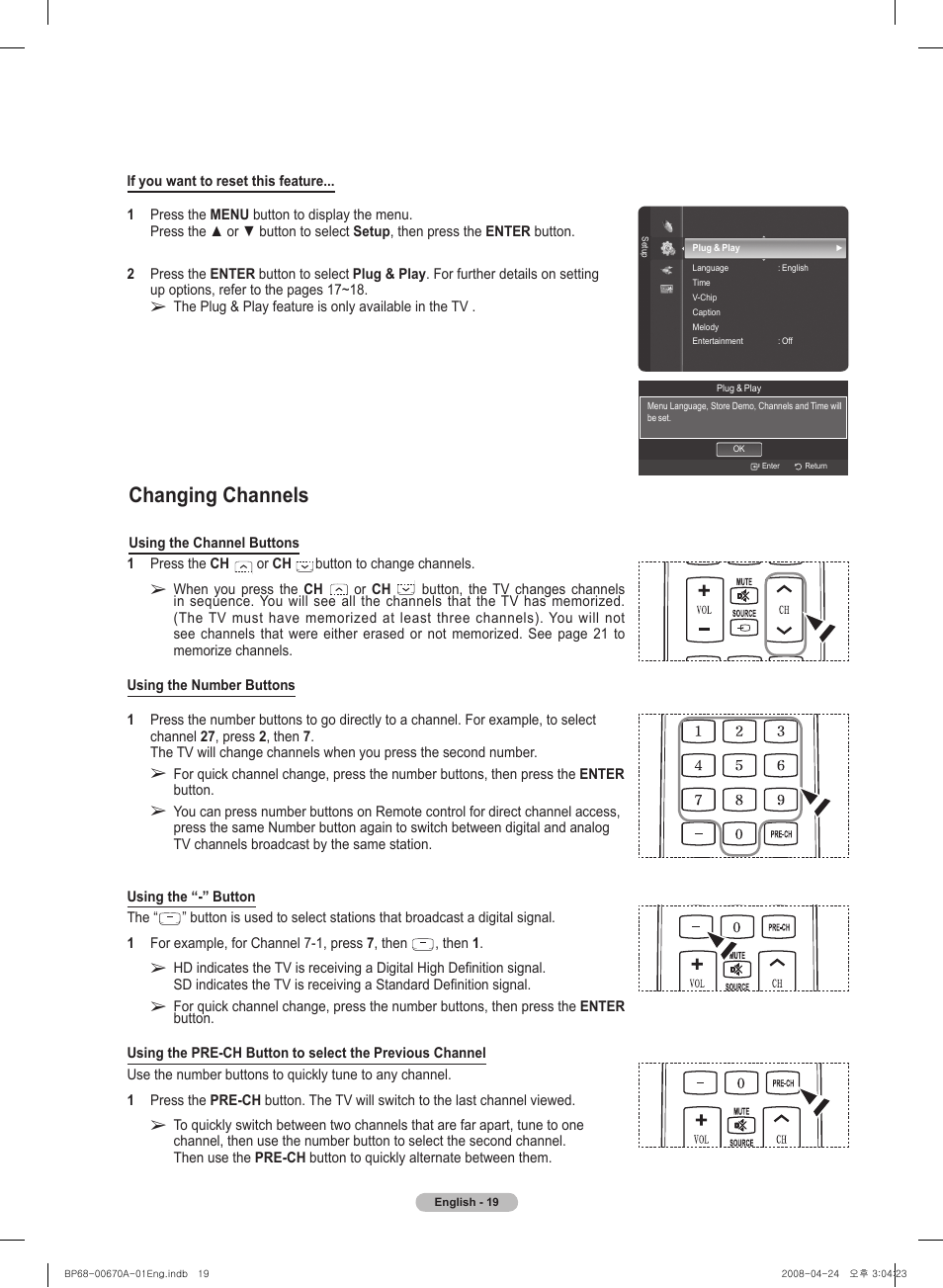 Changing channels | Samsung HL72A650C1FXZA User Manual | Page 19 / 195