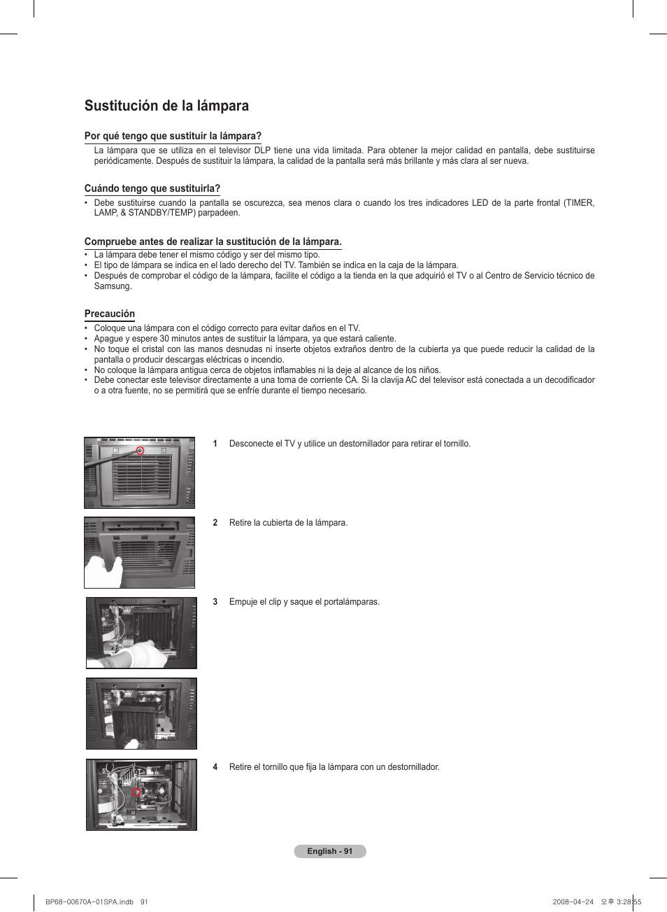 Sustitución de la lámpara | Samsung HL72A650C1FXZA User Manual | Page 192 / 195