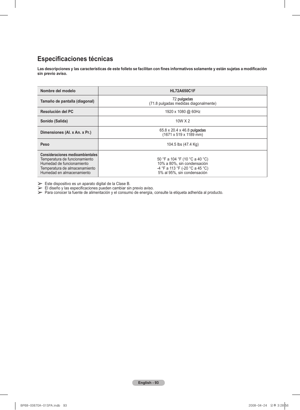 Especificaciones técnicas | Samsung HL72A650C1FXZA User Manual | Page 194 / 195