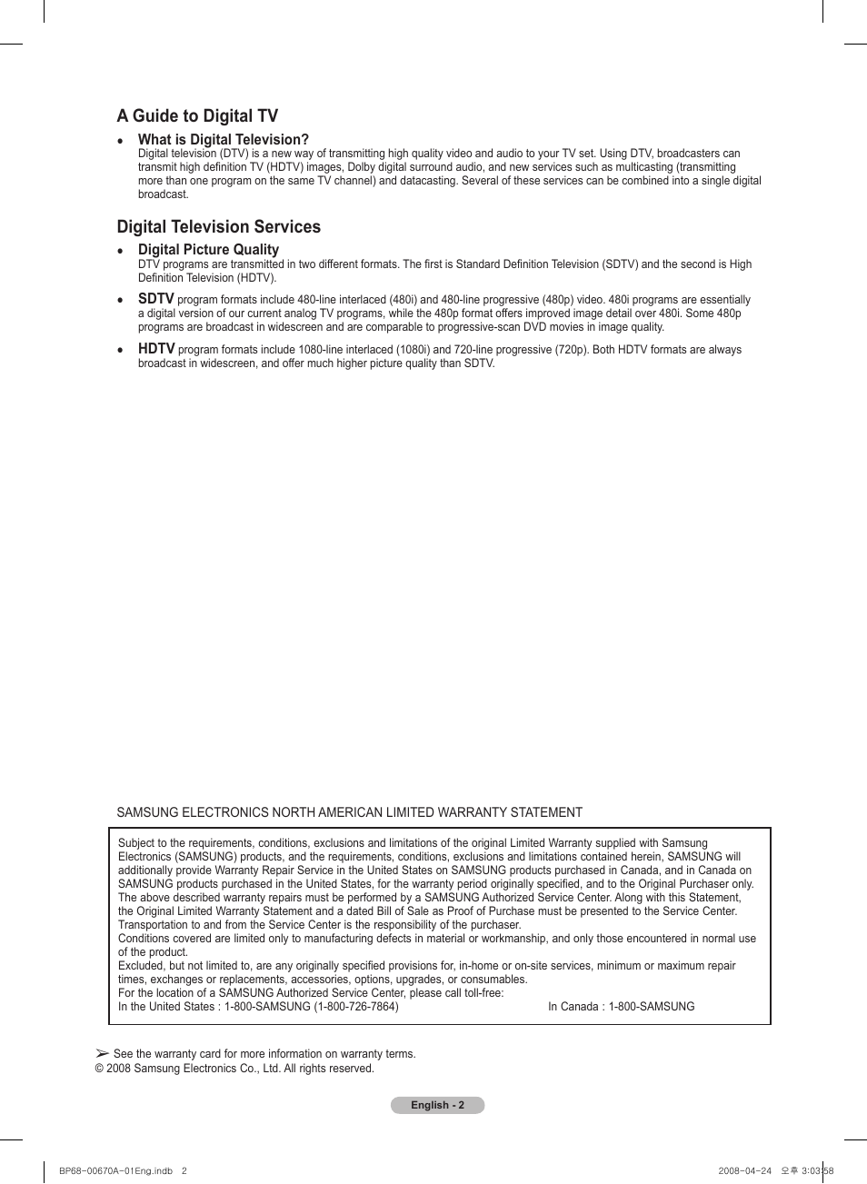 A guide to digital tv, Digital television services | Samsung HL72A650C1FXZA User Manual | Page 2 / 195