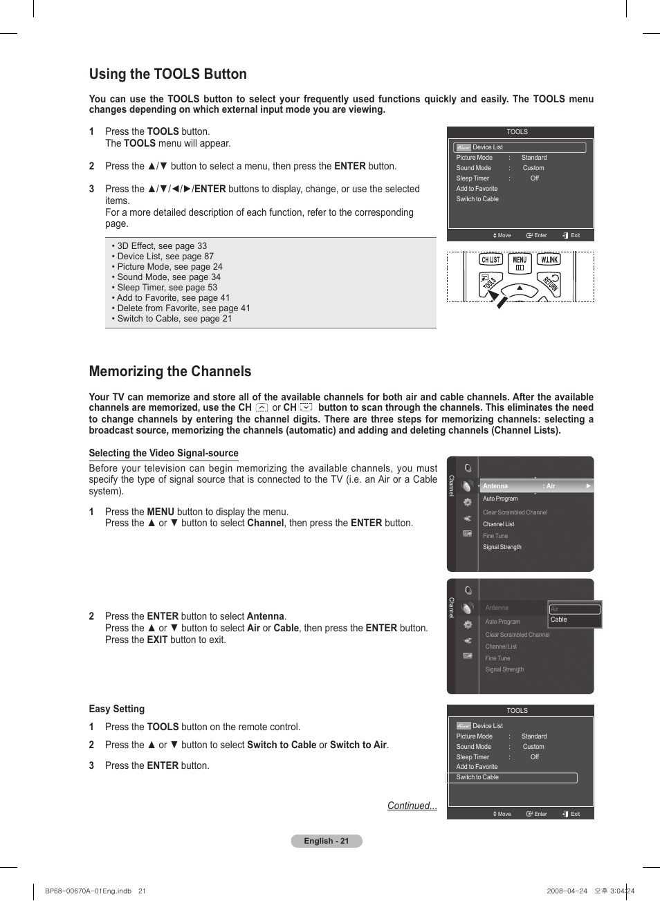 Using the tools button | Samsung HL72A650C1FXZA User Manual | Page 21 / 195