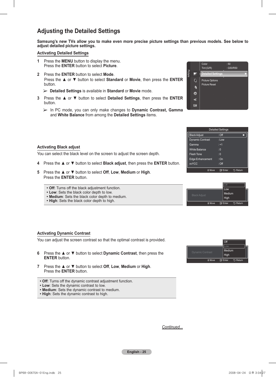 Adjusting the detailed settings | Samsung HL72A650C1FXZA User Manual | Page 25 / 195
