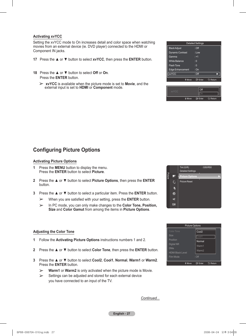 Configuring picture options | Samsung HL72A650C1FXZA User Manual | Page 27 / 195