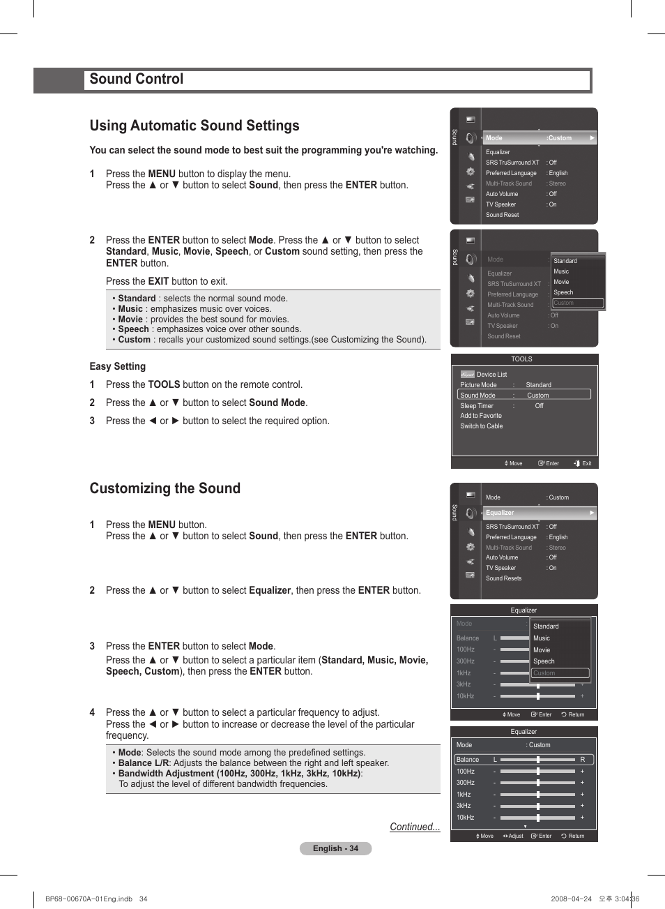 Using automatic sound settings, Sound control, Customizing the sound | Continued | Samsung HL72A650C1FXZA User Manual | Page 34 / 195