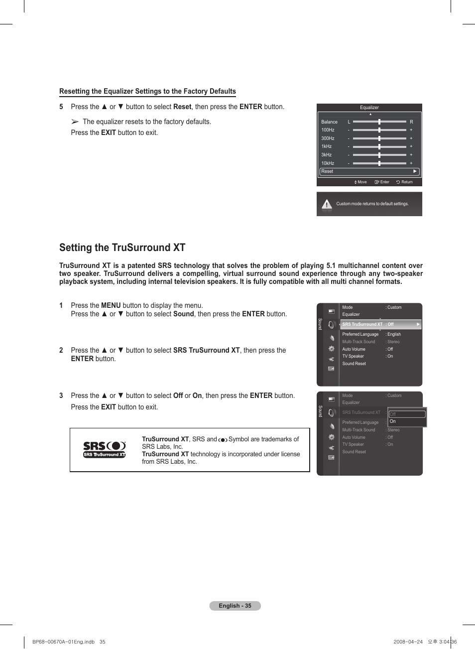 Setting the trusurround xt | Samsung HL72A650C1FXZA User Manual | Page 35 / 195