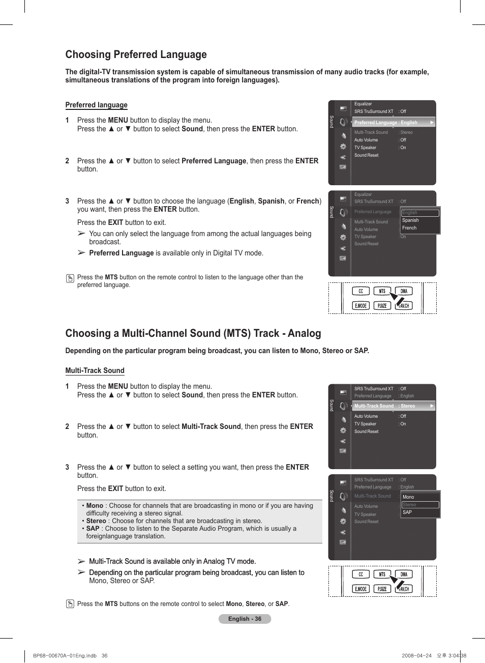 Choosing preferred language | Samsung HL72A650C1FXZA User Manual | Page 36 / 195