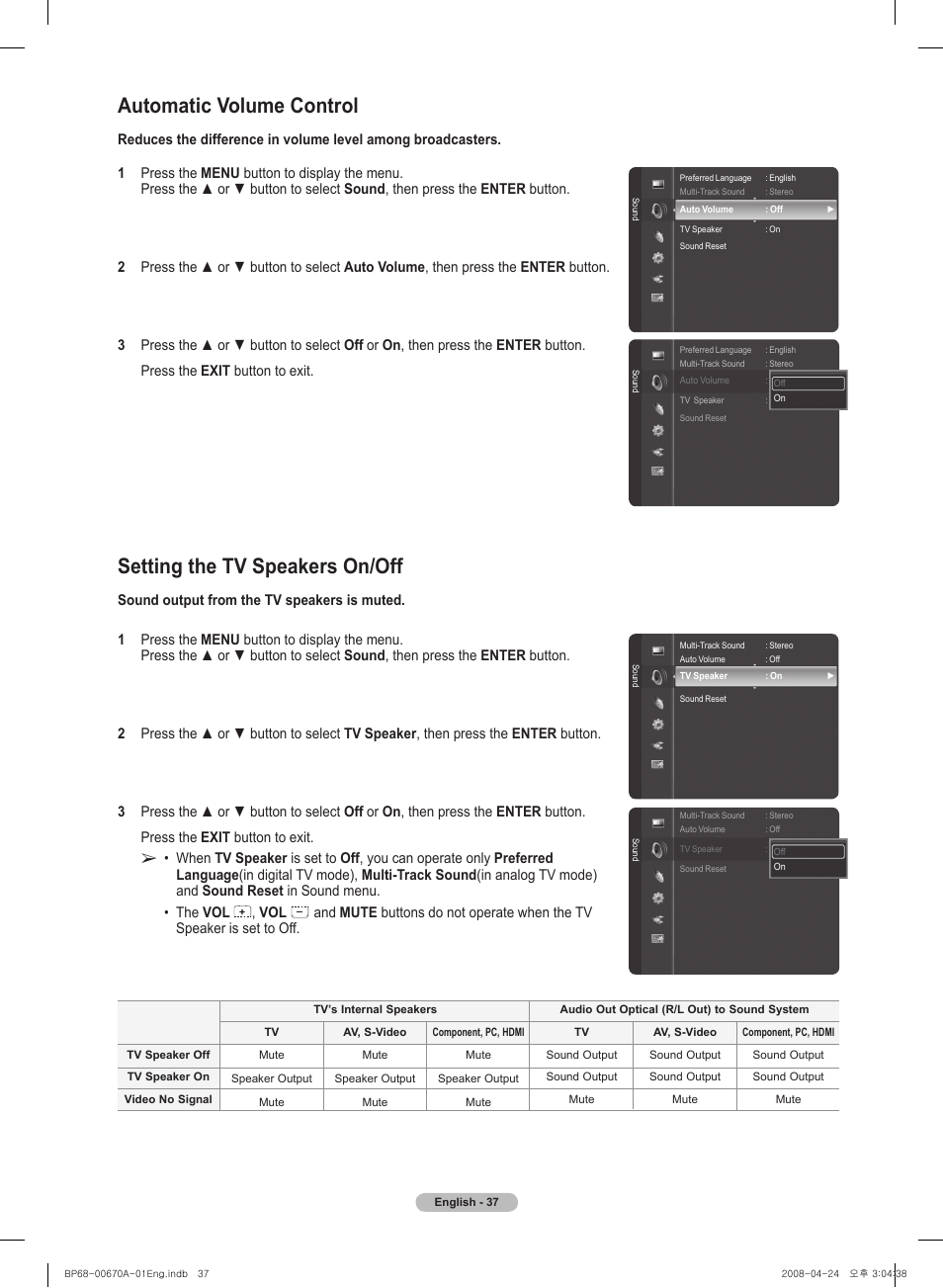 Automatic volume control, Setting the tv speakers on/off | Samsung HL72A650C1FXZA User Manual | Page 37 / 195
