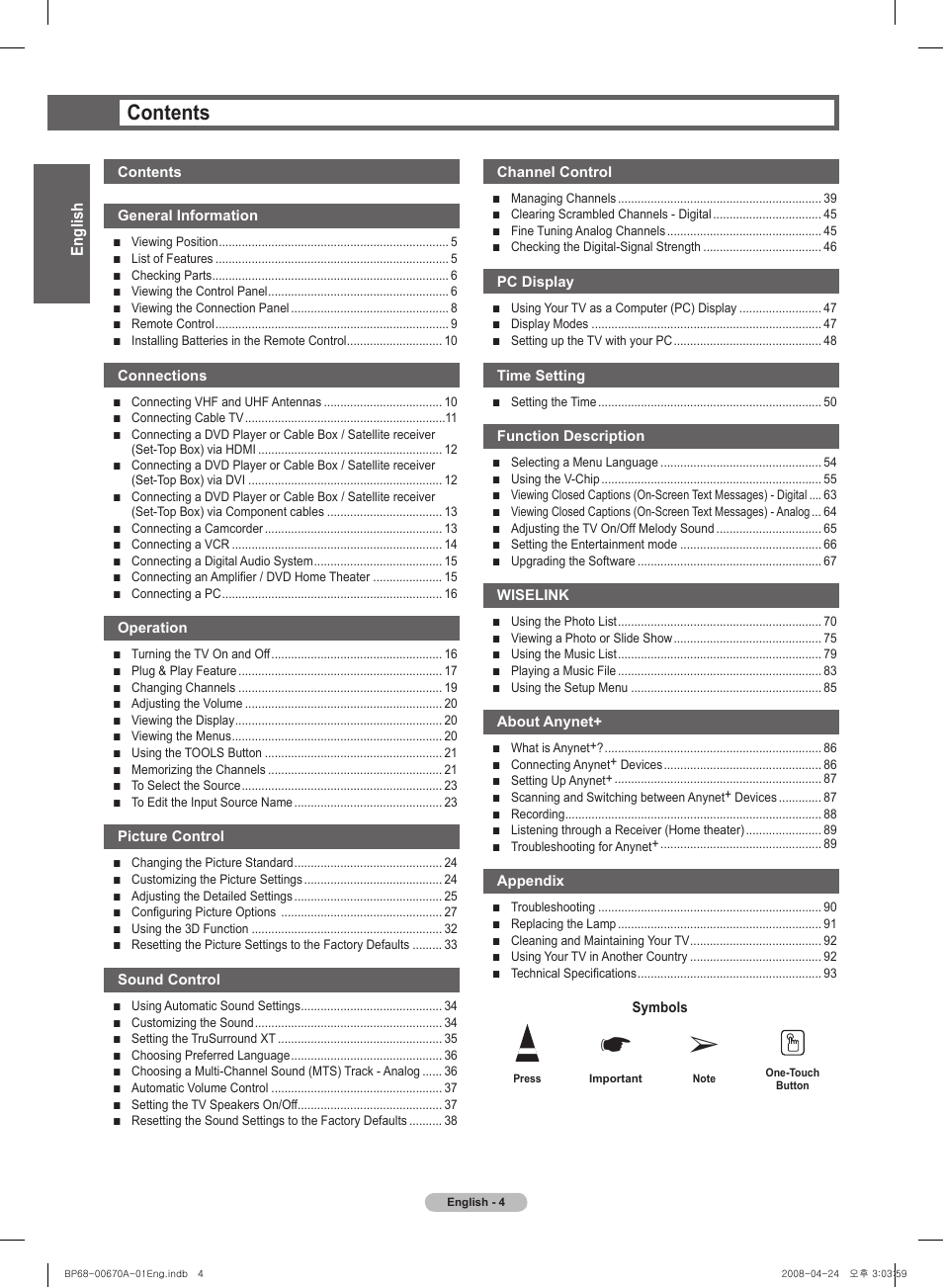 Samsung HL72A650C1FXZA User Manual | Page 4 / 195