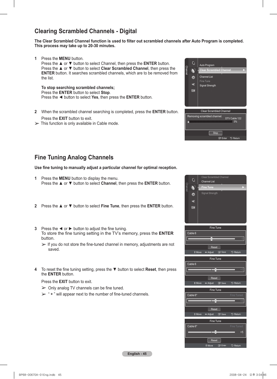 Clearing scrambled channels - digital, Fine tuning analog channels | Samsung HL72A650C1FXZA User Manual | Page 45 / 195