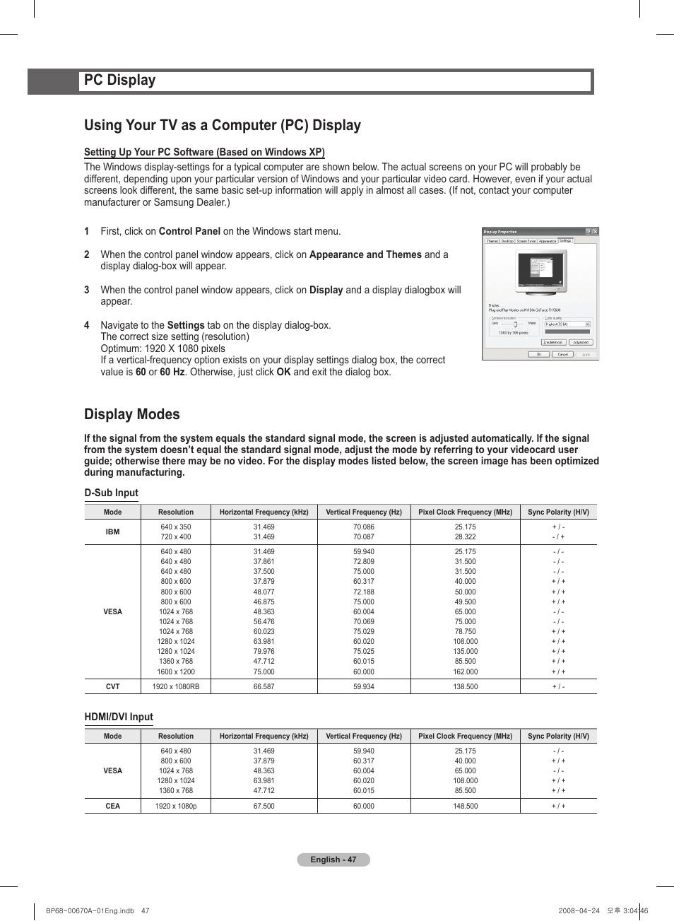 Using your tv as a computer (pc) display, Display modes, Pc display | Samsung HL72A650C1FXZA User Manual | Page 47 / 195