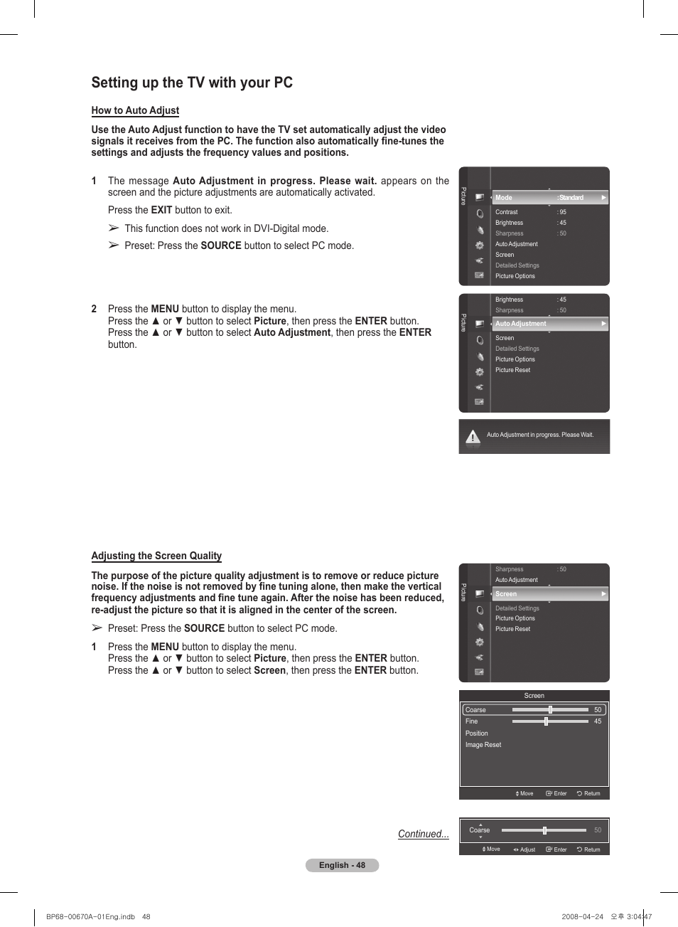 Setting up the tv with your pc | Samsung HL72A650C1FXZA User Manual | Page 48 / 195