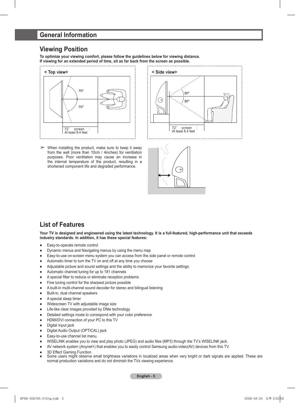 General information viewing position, List of features | Samsung HL72A650C1FXZA User Manual | Page 5 / 195