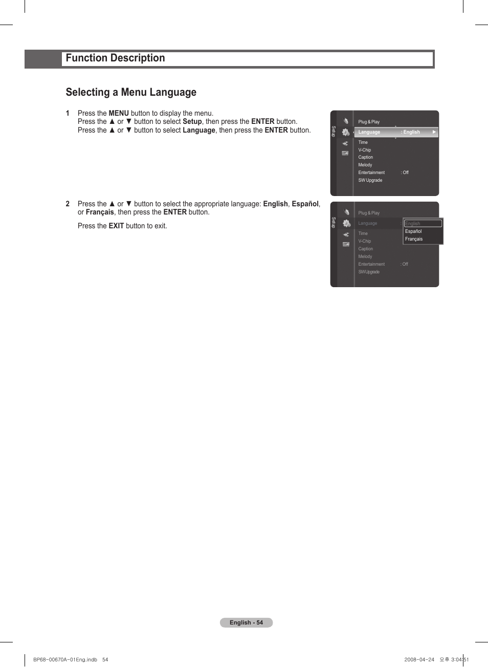 Selecting a menu language, Function description | Samsung HL72A650C1FXZA User Manual | Page 54 / 195