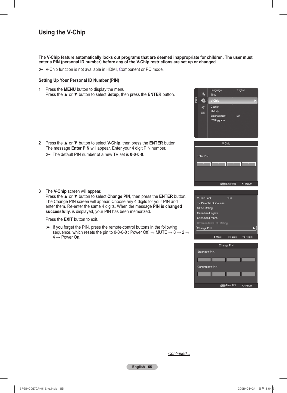 Using the v-chip | Samsung HL72A650C1FXZA User Manual | Page 55 / 195