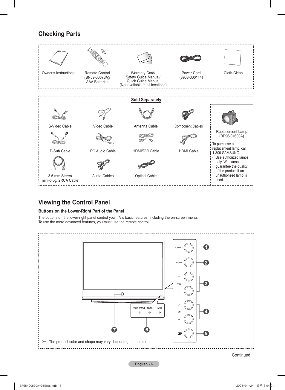 Viewing the control panel, Checking parts | Samsung HL72A650C1FXZA User Manual | Page 6 / 195