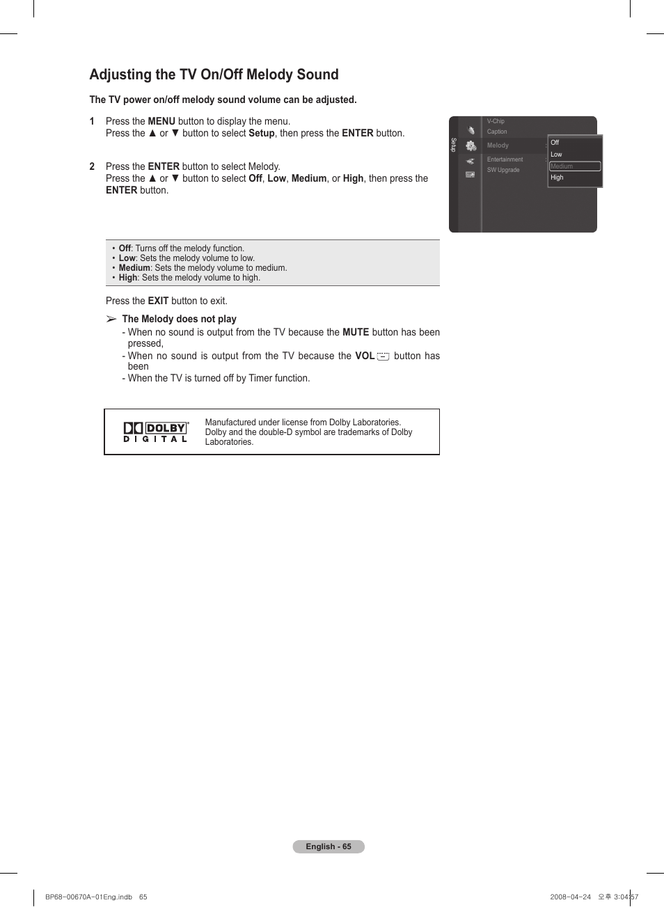 Adjusting the tv on/off melody sound | Samsung HL72A650C1FXZA User Manual | Page 65 / 195