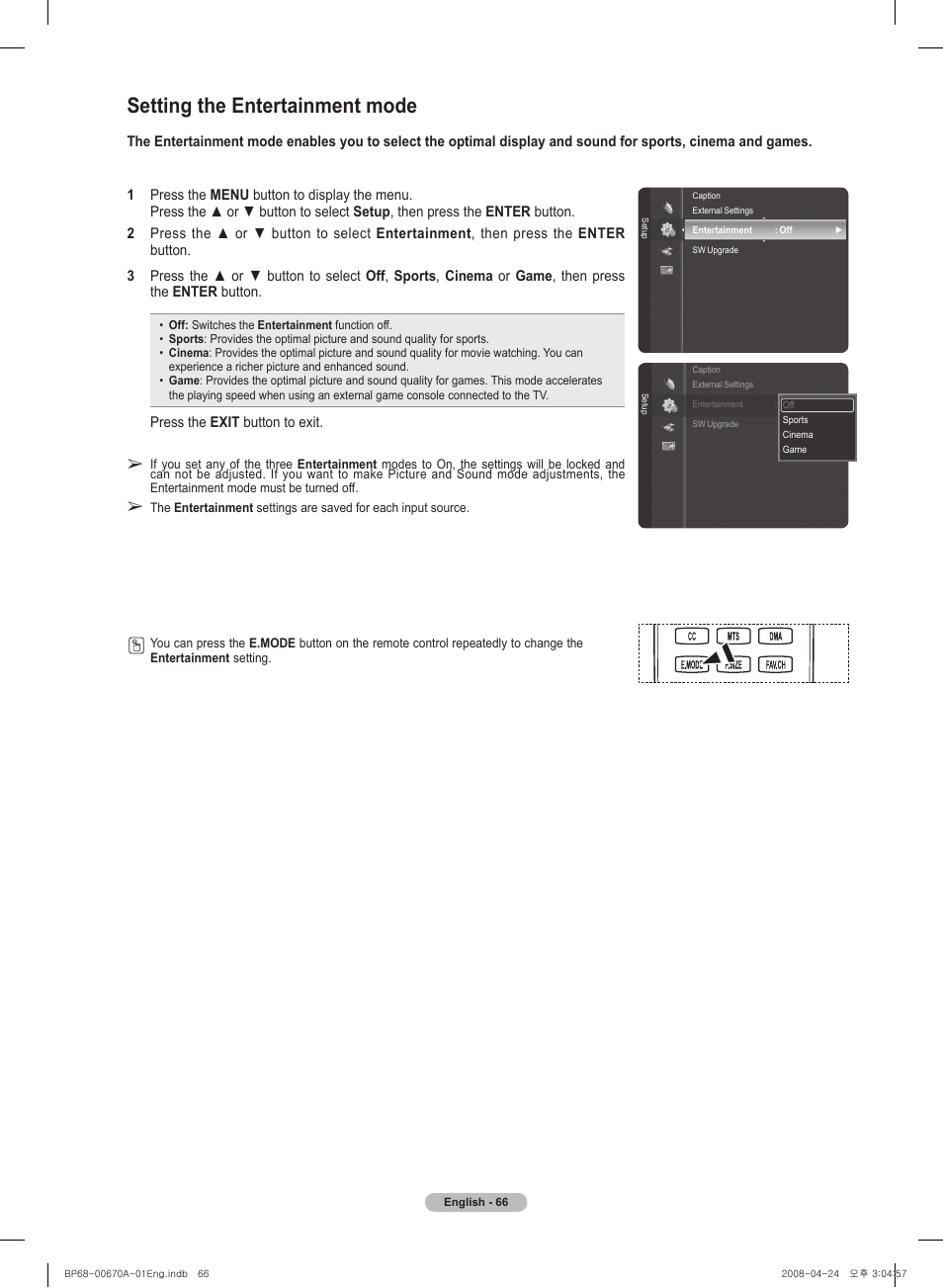 Setting the entertainment mode | Samsung HL72A650C1FXZA User Manual | Page 66 / 195